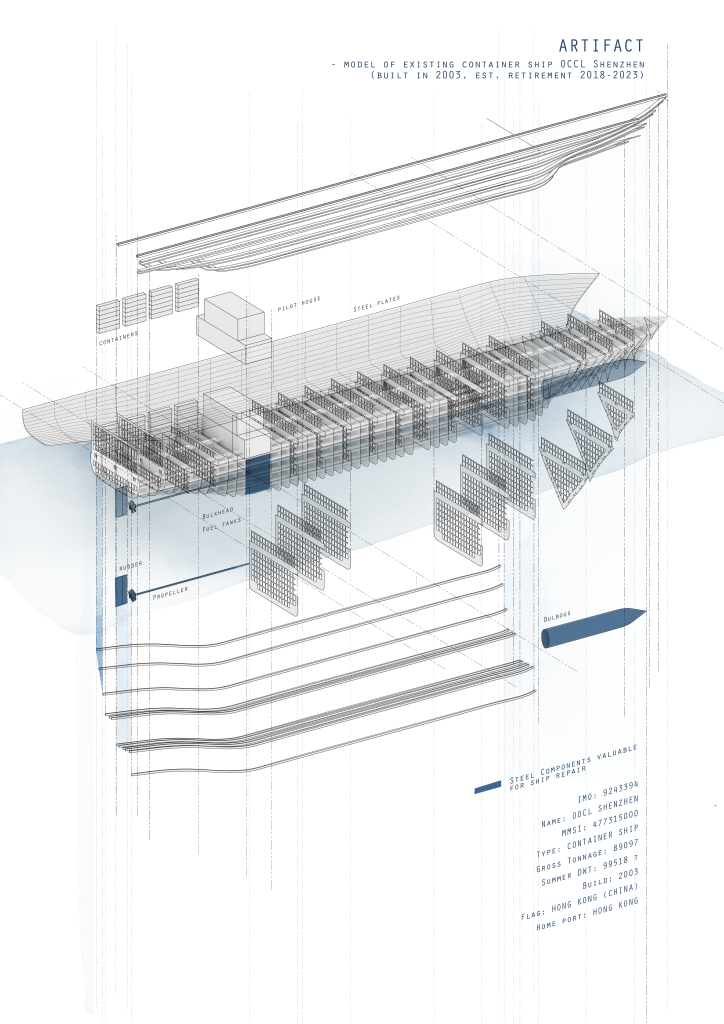showing outer steel plates which are valuable for recycling, and longitudinal and transverse hull frame which may be converted to architecture