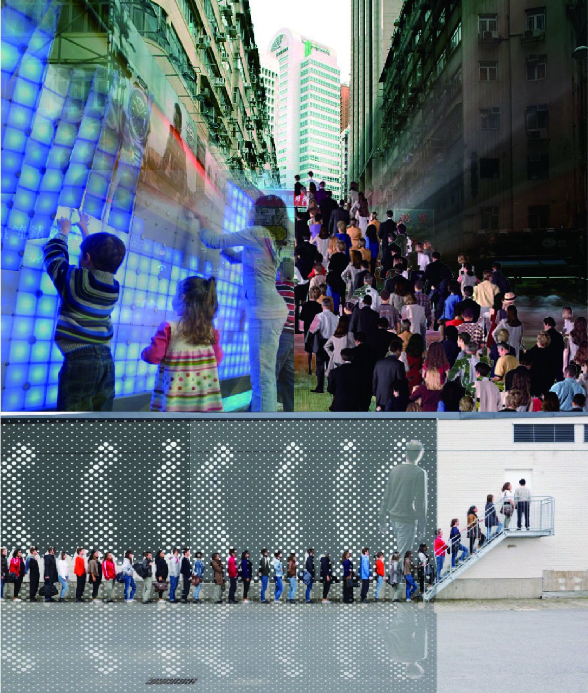 ENRICH THE QUEUEING EXPERIENCE During waiting, people always want to kill the time by waiting in a daze, renewing micro blog … So the thesis proposal will re-define a new way to organize the informal/formal street elements around highly populated buildings in Hong Kong, so that people have richer experiences when queueing without disturbing and disturbed.